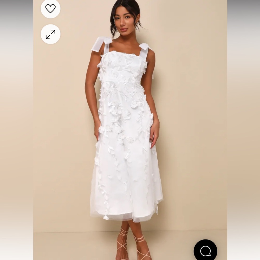 Lulus Effortlessly Sweet White Tulle 3D Floral Tie-Strap Midi Dress size Large